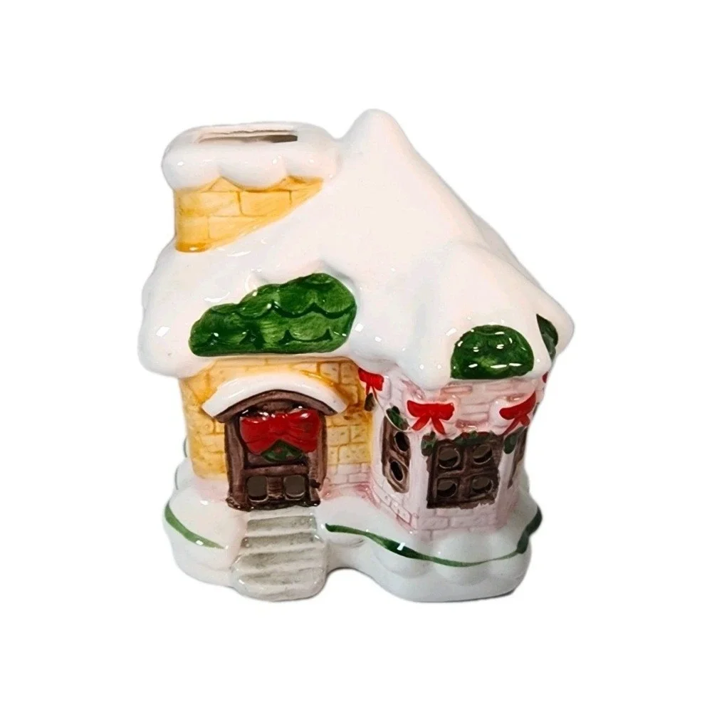 Ceramic Snow Covered Christmas House Village Decor Tealight Holder‎